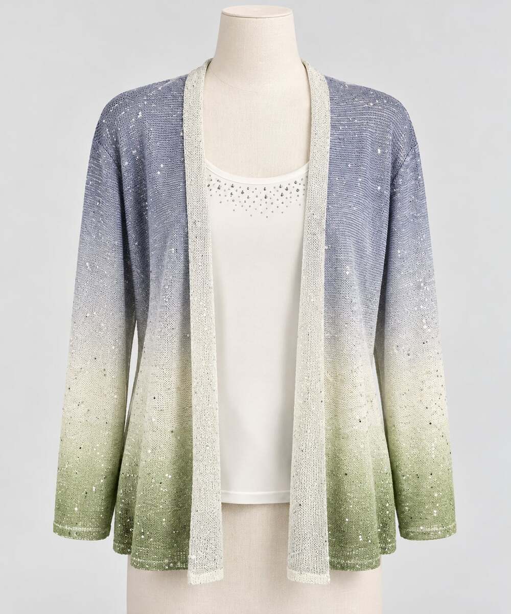 Womens Ombre Sequin Cardigan Sweater Faux Layered Rhinestone Alfred Dunner Med